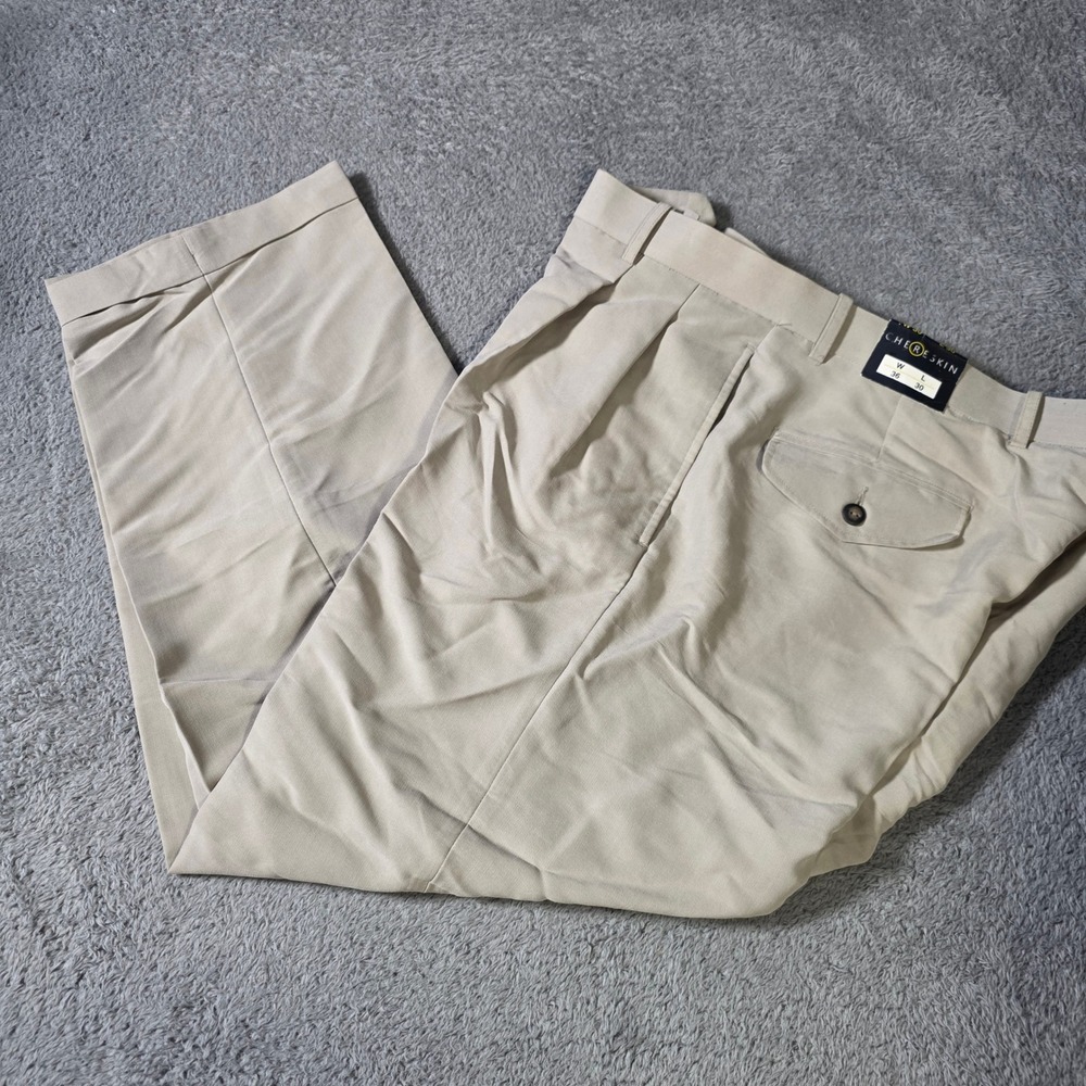 Chereskin Mens 36x30 Pleated Dress Pants Khaki Tan Cuffed Polynosic Blend‎ NWT